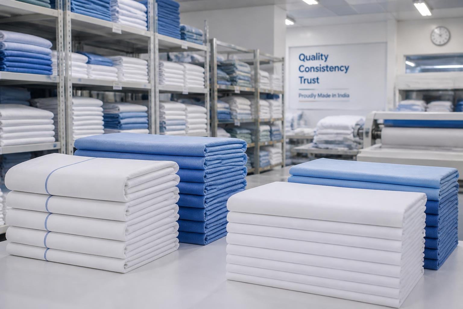 Modern hospital facility with linen and medical textiles on display