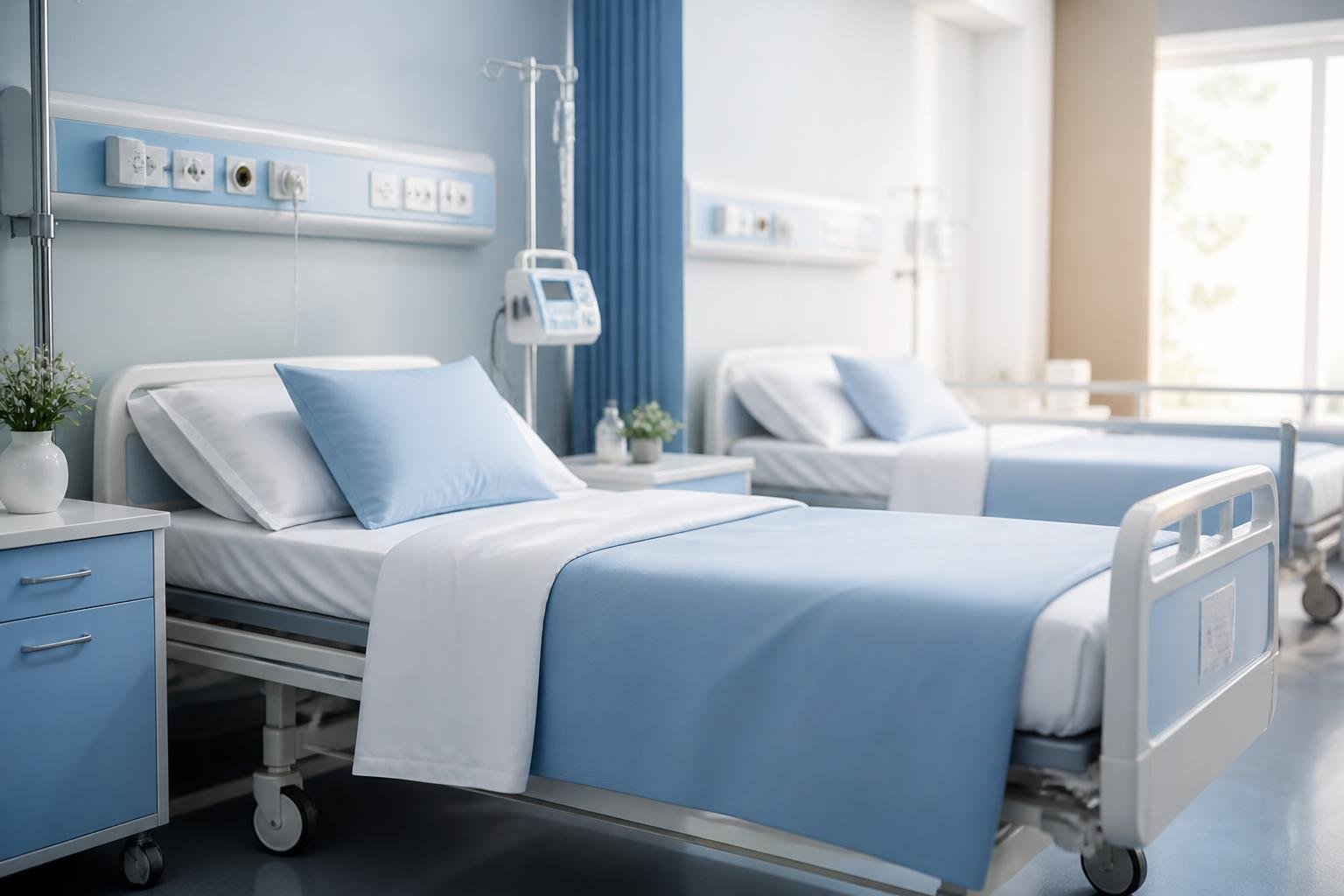 Hospital ward beds dressed in crisp white and light-blue Karur Threads medical linen